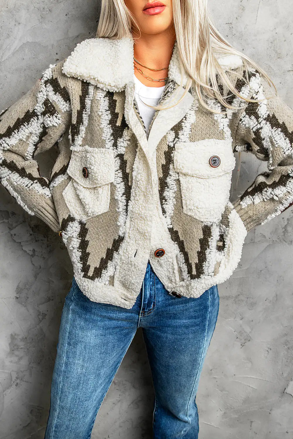 Multicolored Spliced Sherpa Collared Neck Cardigan