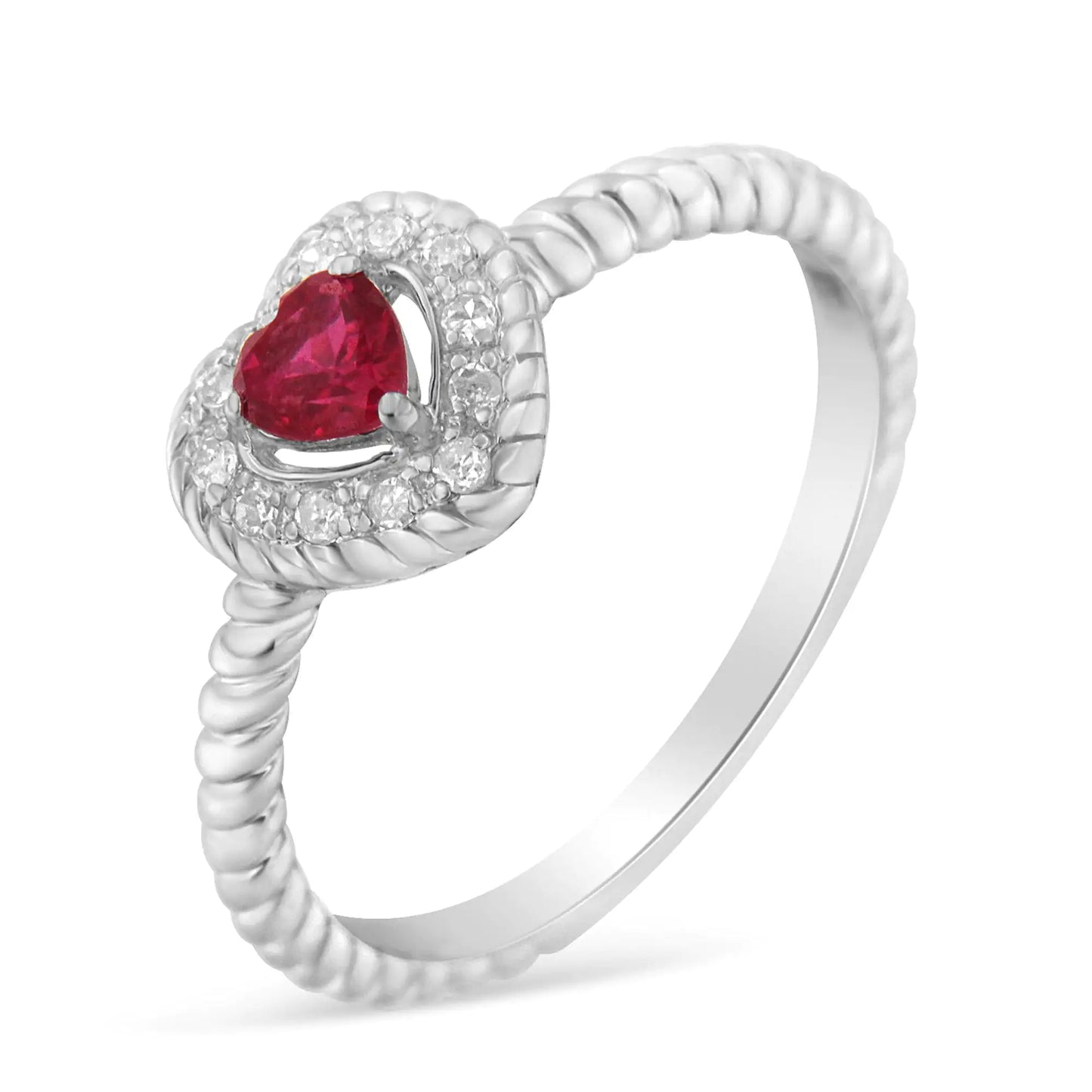 Sterling Silver 4MM Lab Created Ruby Heart and Diamond Accent Heart Ring (I-J, I2-I3)