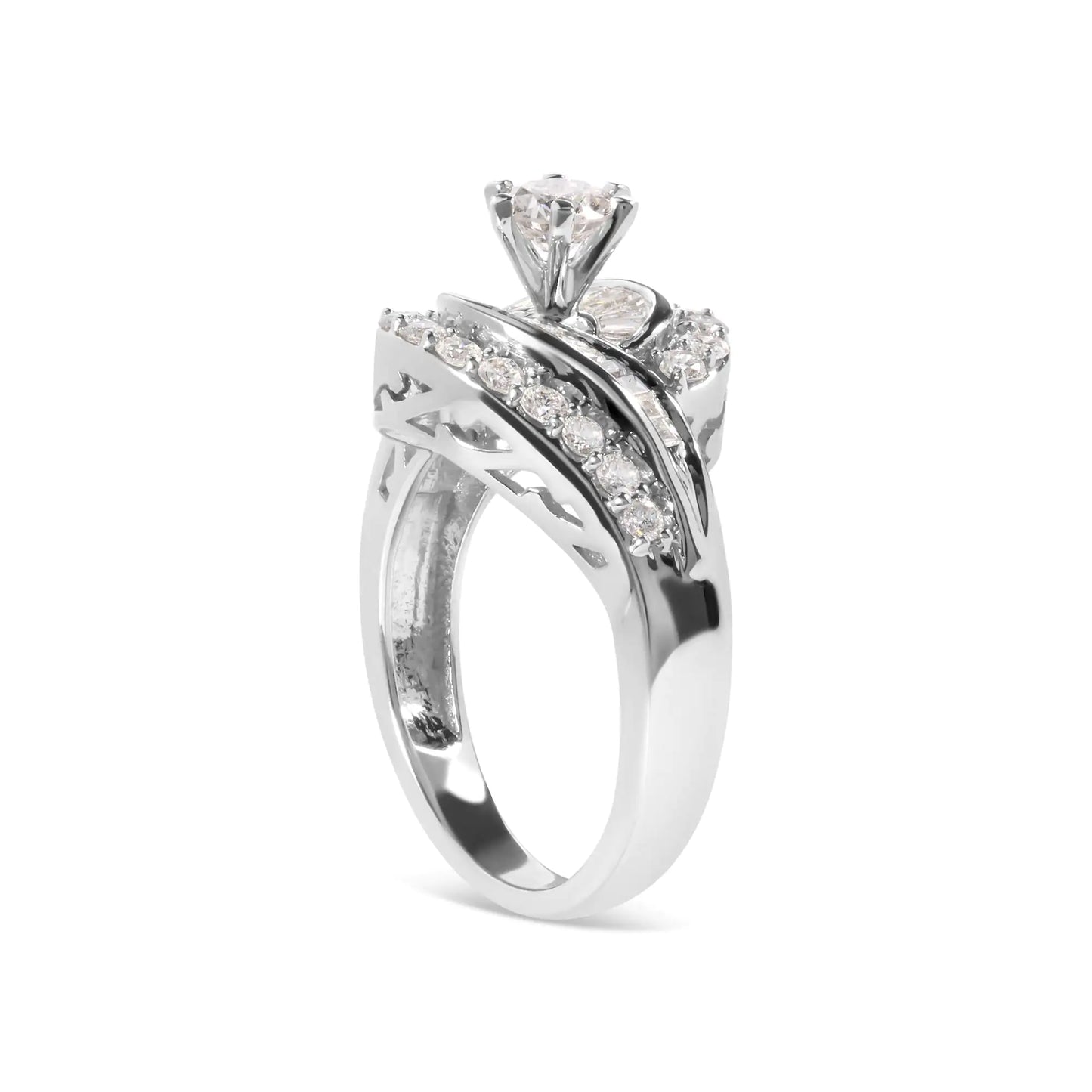 14K White Gold 1.00 Cttw Round and Baguette cut Diamond Swirl Cocktail Ring (H-I Color, SI2-I1 Clarity)