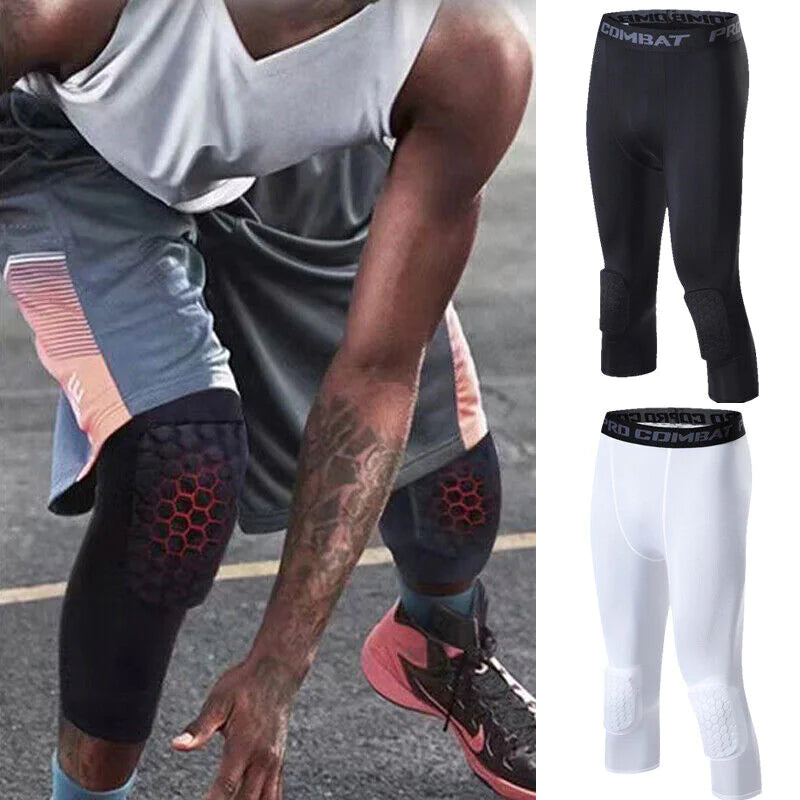 Men's Basketball Sports Tight Pants 3/4 Compression Workout Leggings Knee Pads