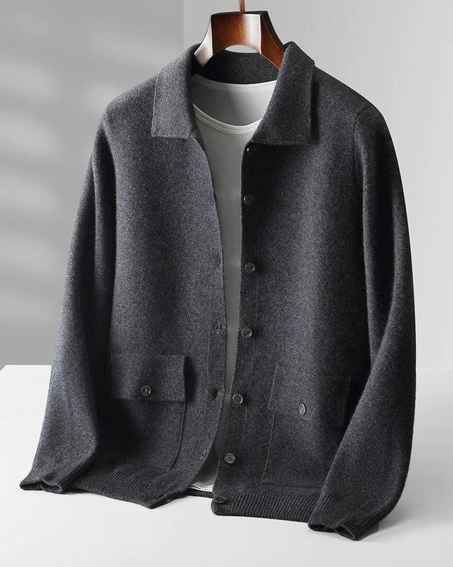 Men's Polo Collar Solid Color Wool Cardigan
