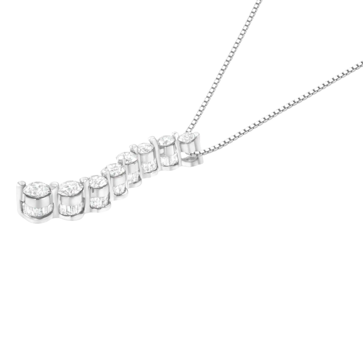 AGS Certified 14k White Gold 3.0 Cttw Baguette and Brilliant Round-Cut Diamond Journey 18" Pendant Necklace (F-G Color, I1-I2 Clarity)