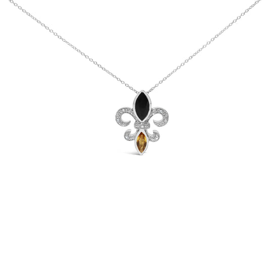 .925 Sterling Silver Marquise Onyx and Citrine and Diamond Accent Fleur De Lis Pendant Necklace (H-I Color, SI1-SI2 Clarity) - 18"