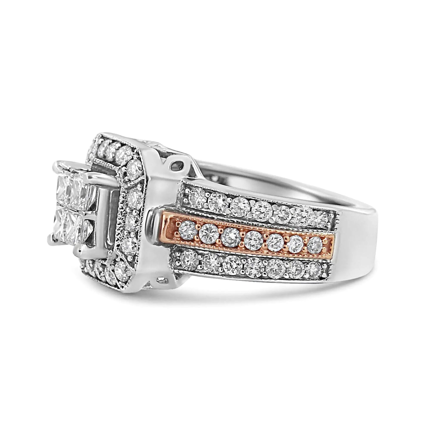 14K White and Rose Gold 1 1/8 Cttw Princess and Round-Cut Diamond Art Deco Style Triple Shank Halo Cocktail Ring (I-J Color, SI2-I1 Clarity)