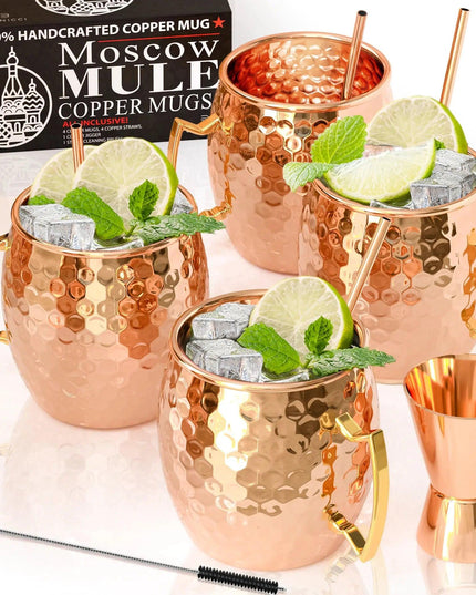 Moscow Mule Copper Mugs - Set of 4 - 100% HANDCRAFTED - Food Safe Pure Solid Copper Mugs - 16 oz Gift Set with BONUS: Highest Quality Cocktail Copper