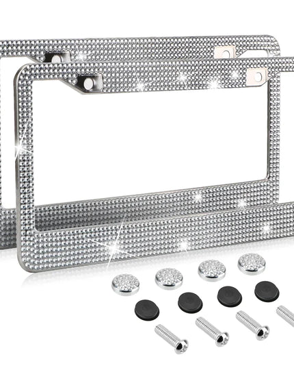 2PCS Bling License Plate Frame Glitter Crystal Sparkling Rhinestone Diamond Caps