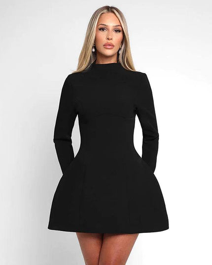 Round Neck Long Sleeve Slim Fit Cinched Short Dress