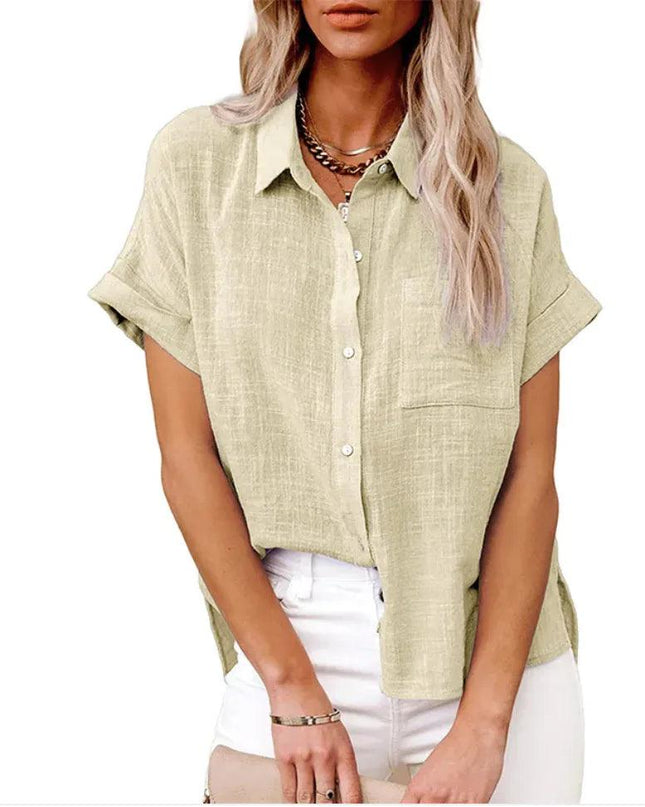 Women's Casual Cotton Linen Short-Sleeve Shirt with Pockets