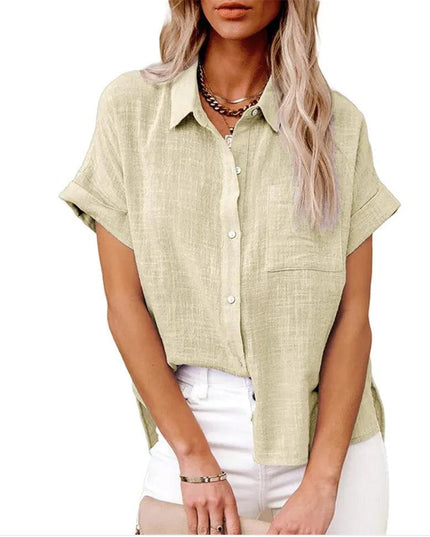 Women's Casual Cotton Linen Short-Sleeve Shirt with Pockets