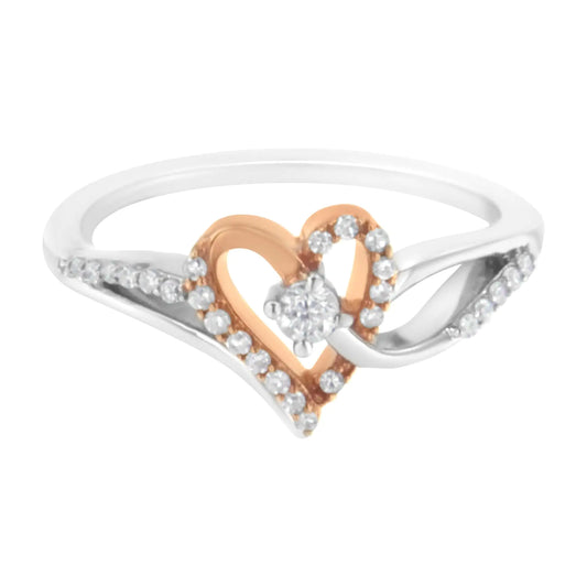 10K Rose Gold Plated .925 Sterling Silver 1/5 Cttw Diamond Two Tone Open Heart Promise or Fashion Ring (I-J Color, I2-I3 Clarity)