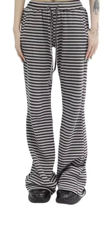 Women's Y2K Striped Knit Drawstring Pants - Low Rise, Wide Leg Lounge Trousers