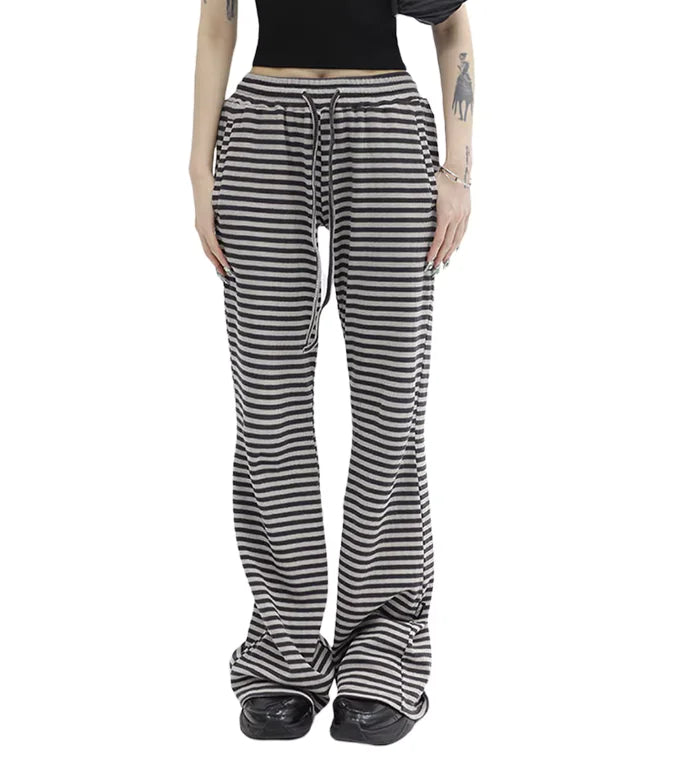 Women's Y2K Striped Knit Drawstring Pants - Low Rise, Wide Leg Lounge Trousers