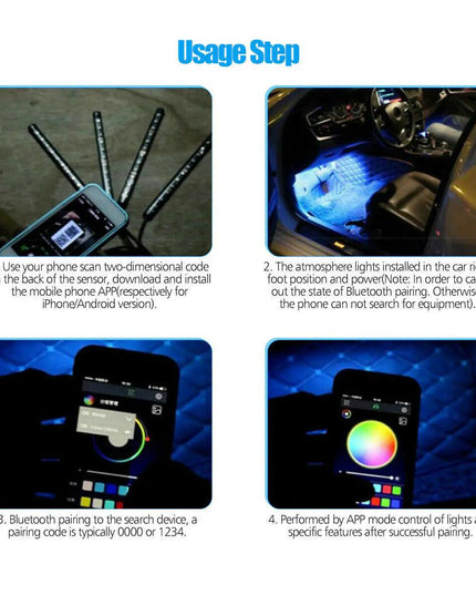 4X 48LED RGB Car Interior Atmosphere Light Strip Bar Bluetooth APP Music Control