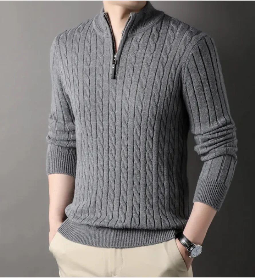 New Men's Solid Color Half Zipper Thick Sweater