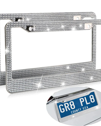 2PCS Bling License Plate Frame Glitter Crystal Sparkling Rhinestone Diamond Caps