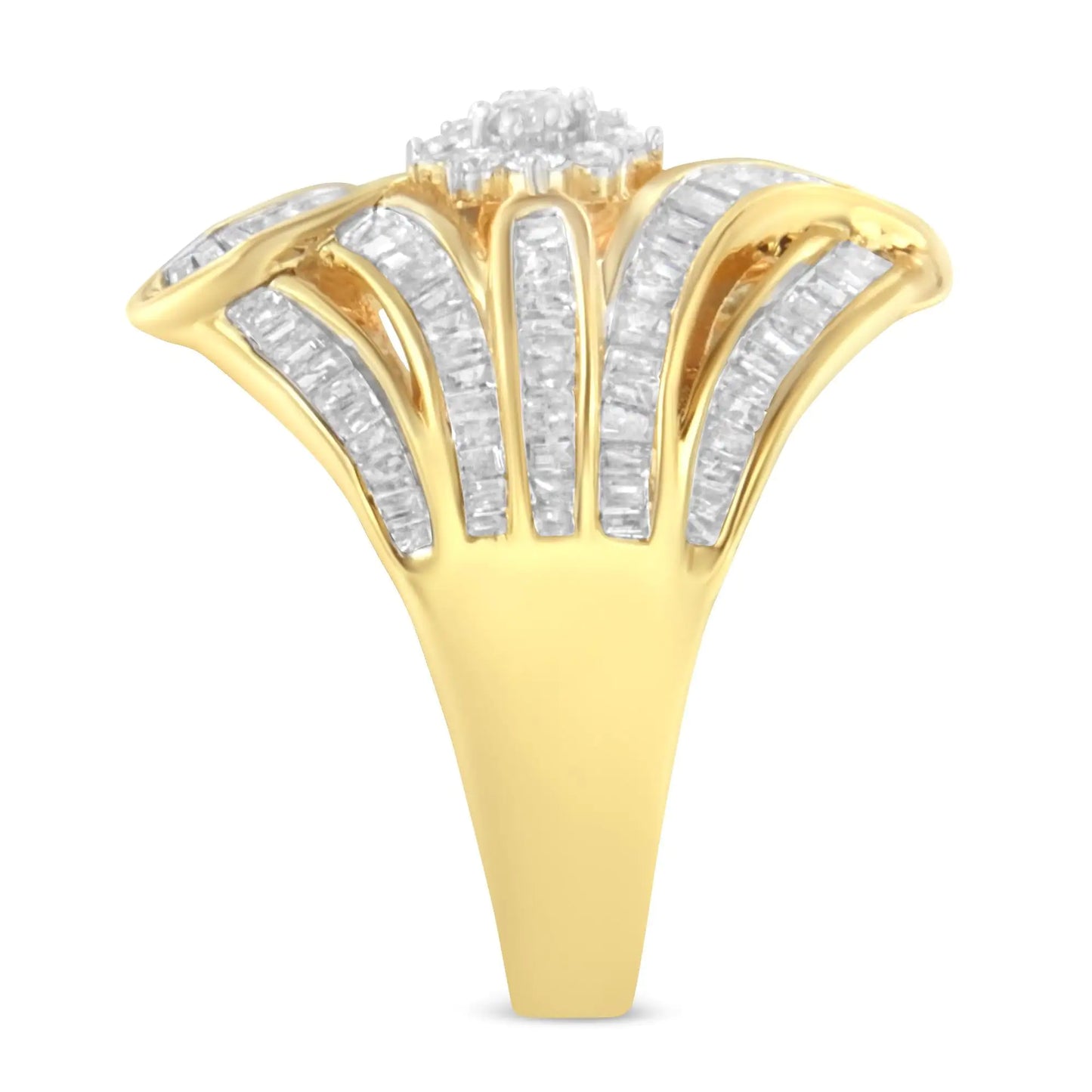 10K Yellow Gold Flashed .925 Sterling Silver 1-1/8 Cttw Round & Baguette Diamond 'Flower & Fern' Cluster Cocktail Fashion Ring (I-J Color, I2-I3 Clarity)