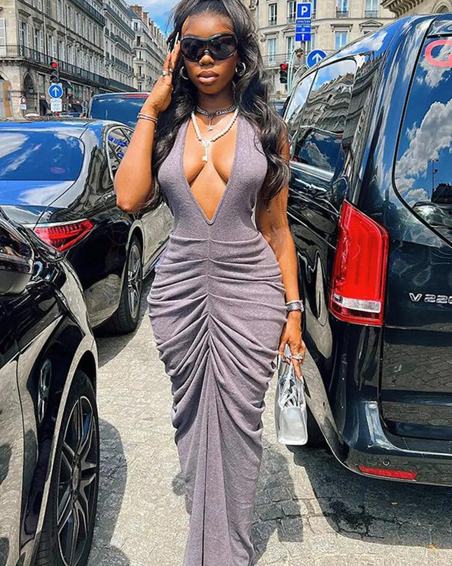 Deep V-neck Sleeveless Halter Evening Dress