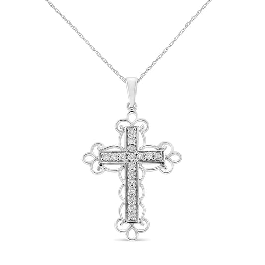 .925 Sterling Silver 1/4 Cttw Round Cut Diamond Art Deco Style Cross 18" Pendant Necklace (J-K Color, I2-I3 Clarity)