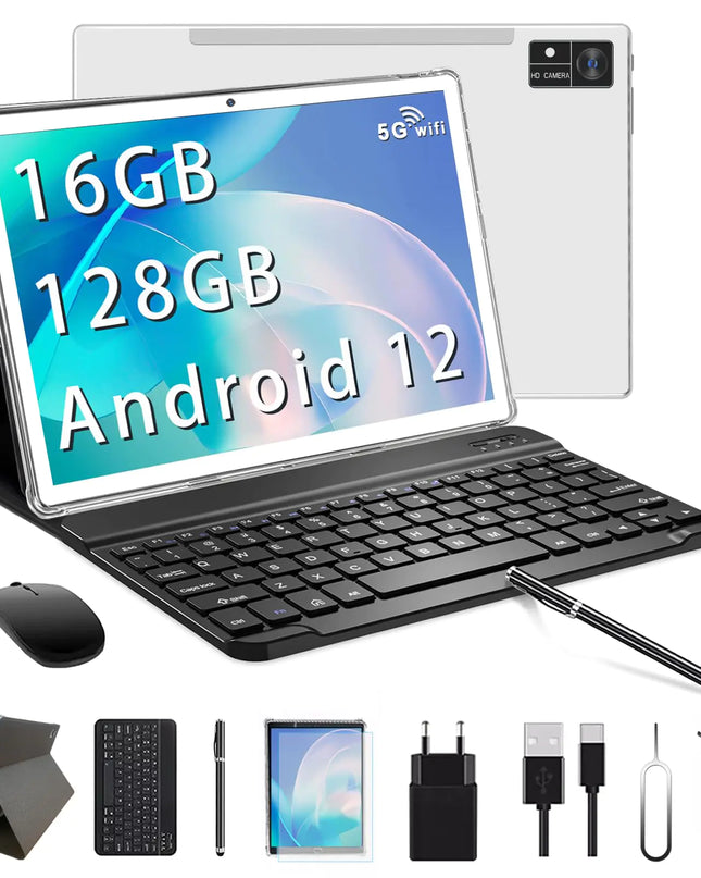 Tablet 10 inch Android 12 Tablets with Keyboard 128GB ROM 16(8+8)GB RAM 1TB Expand 2.4G/5G WiFi Tablet Octa-Core 1920 * 1200 IPS Display 13MP Camera 7000mAh GPS ZONKO Tablet with Case Mouse Silver