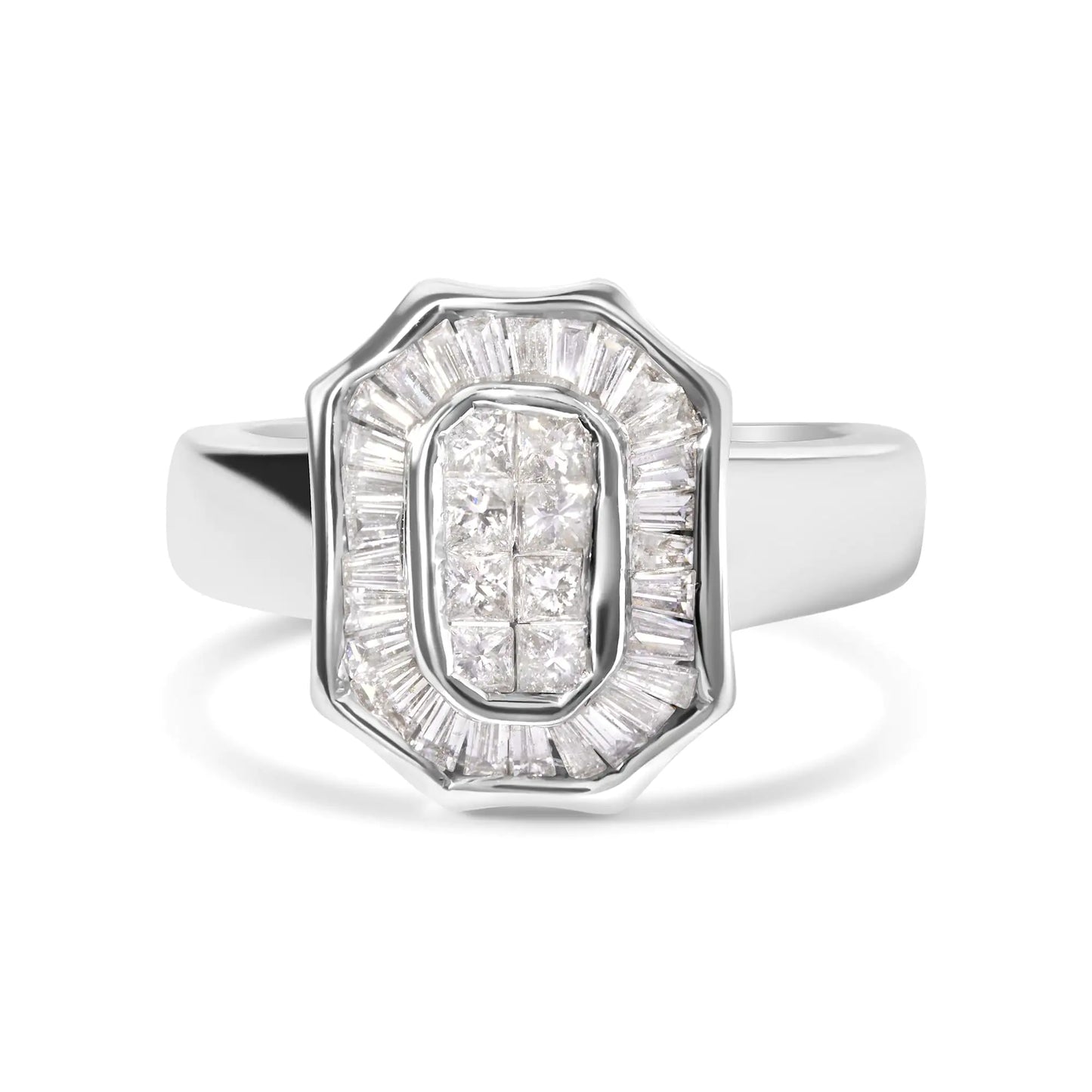 14K White Gold 1.00 Cttw Baguette and Princess-Cut Diamond Cocktail Art Deco Style Ring (H-I Color, SI1-SI2 Clarity)