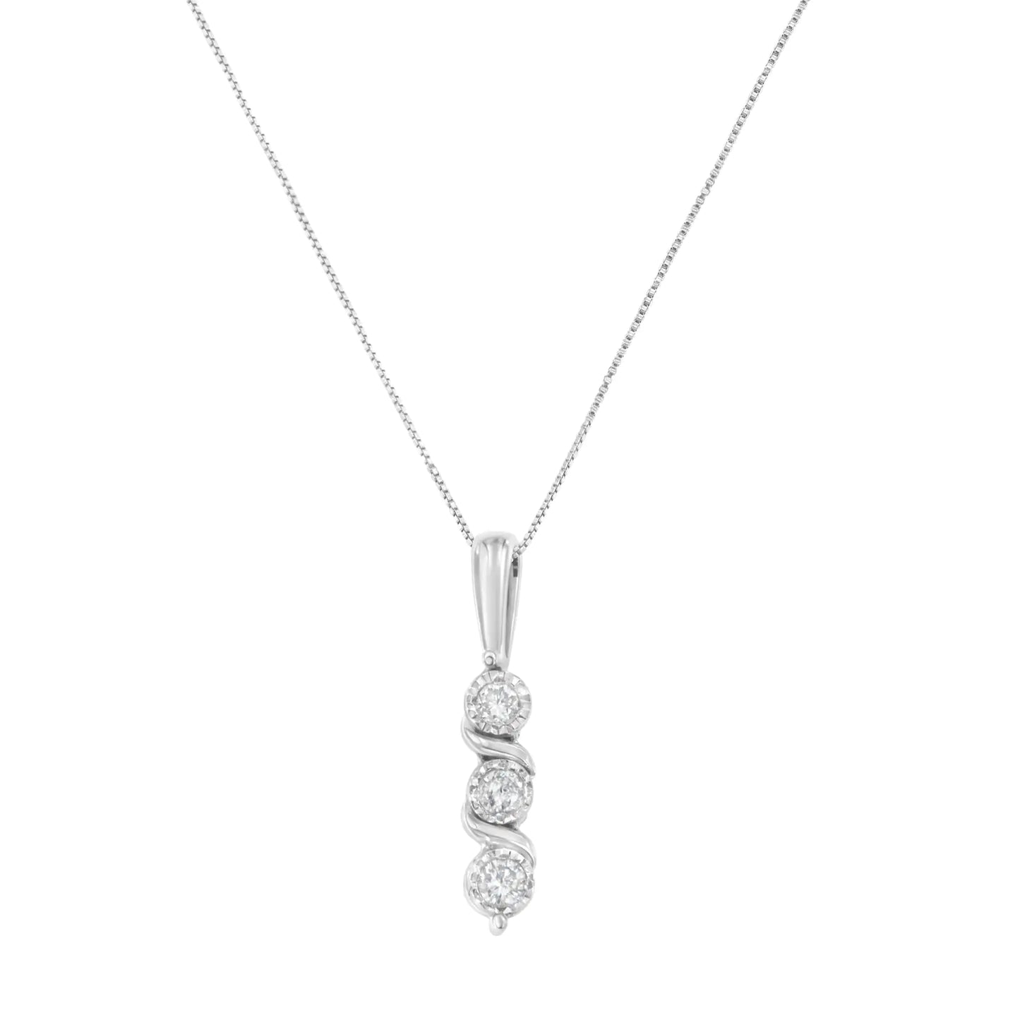 .925 Sterling Silver 1/10 cttw Miracle-Set Round Cut Diamond Three Stone Drop Pendant 18" Necklace (H-I color, I1-I2 clarity)