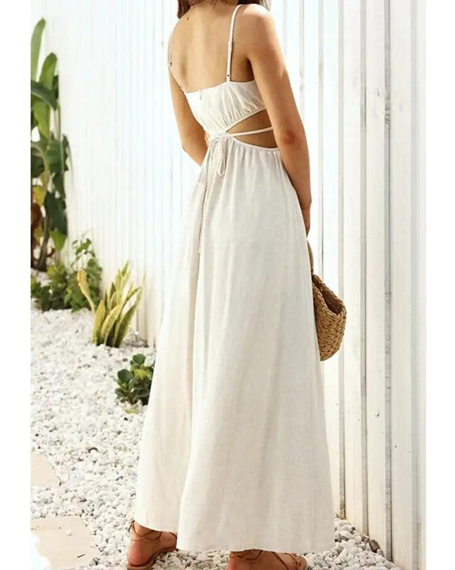 Lace-up Waist Collar Sling Cotton and Linen Dress