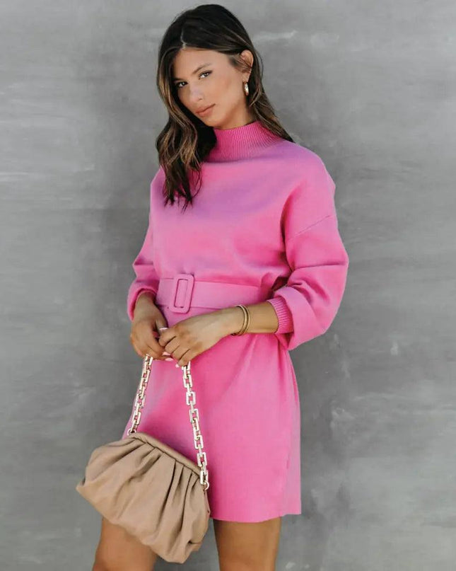 Elegant Turtleneck Sweater Dress with Belt