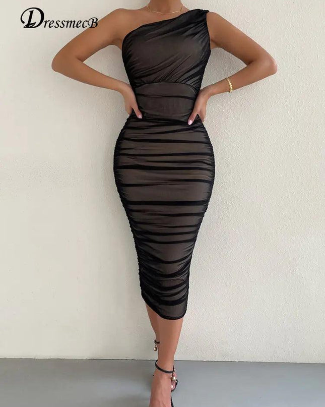 Mesh One-Shoulder Ruched Dress