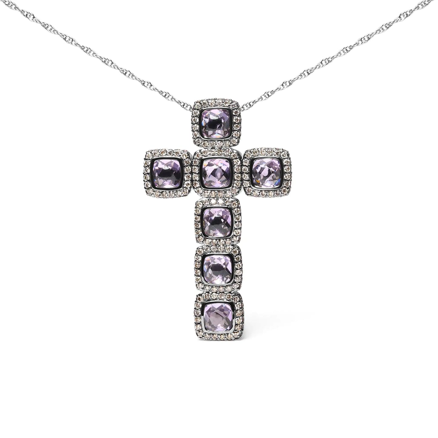 Black Rhodium Plated 18K Rose Gold 1 1/2 Cttw Brown Pave Diamonds and Cushion Cut Rose De France Amethyst Halo Cross 18" Pendant Necklace (Brown Color, SI1-SI2 Clarity)