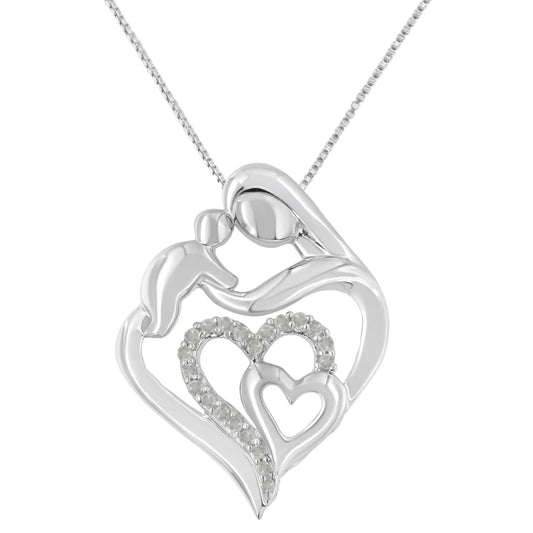 .925 Sterling Silver 1/10 cttw Diamond Mother with Child Heart Shape Pendant Necklace (I-J, I3 Promo)