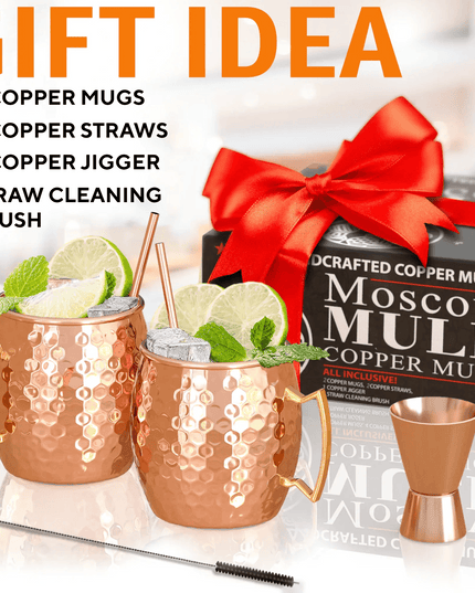 Moscow Mule Copper Mugs - Set of 2 - 100% HANDCRAFTED - Food Safe Pure Solid Copper Mugs - 16 oz Gift Set with BONUS - Highest Quality Cocktail Copper