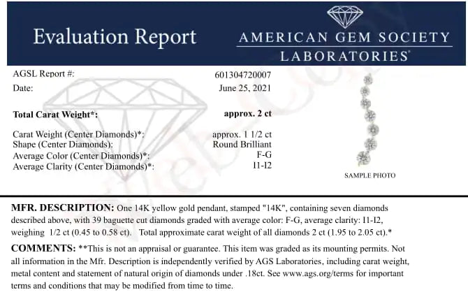 AGS Certified 14K Yellow Gold 2.0 Cttw Baguette and Brilliant Round-Cut Diamond Journey 18" Pendant Necklace (F-G Color, I1-I2 Clarity)