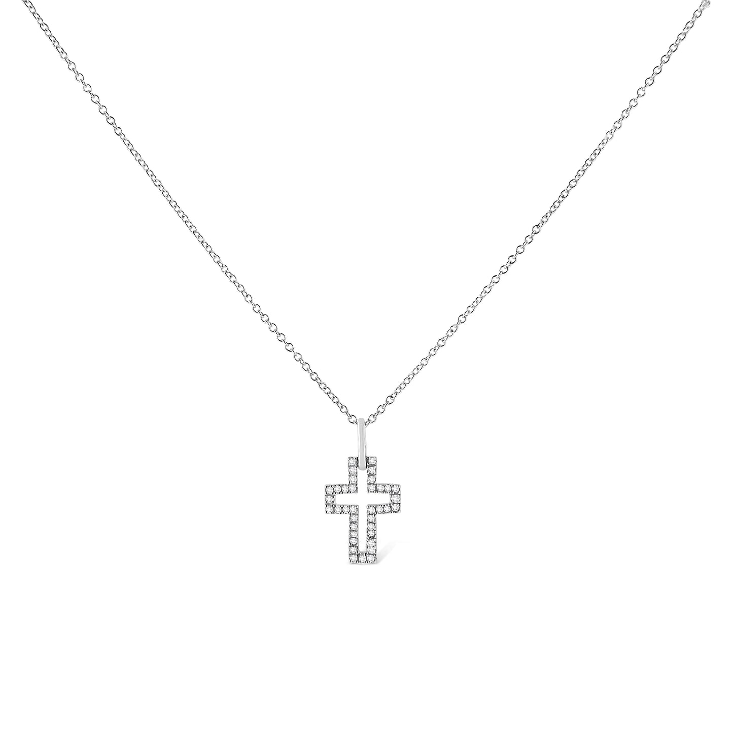 .925 Sterling Silver 1/10 cttw Pave-Set Round-Cut Diamond Open Cross 18" Pendant Necklace (I-J Color, I1-2 Clarity)