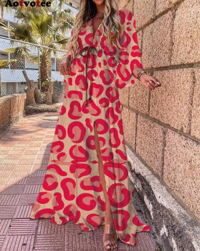 V-Neck Slit Leg Lace Dress