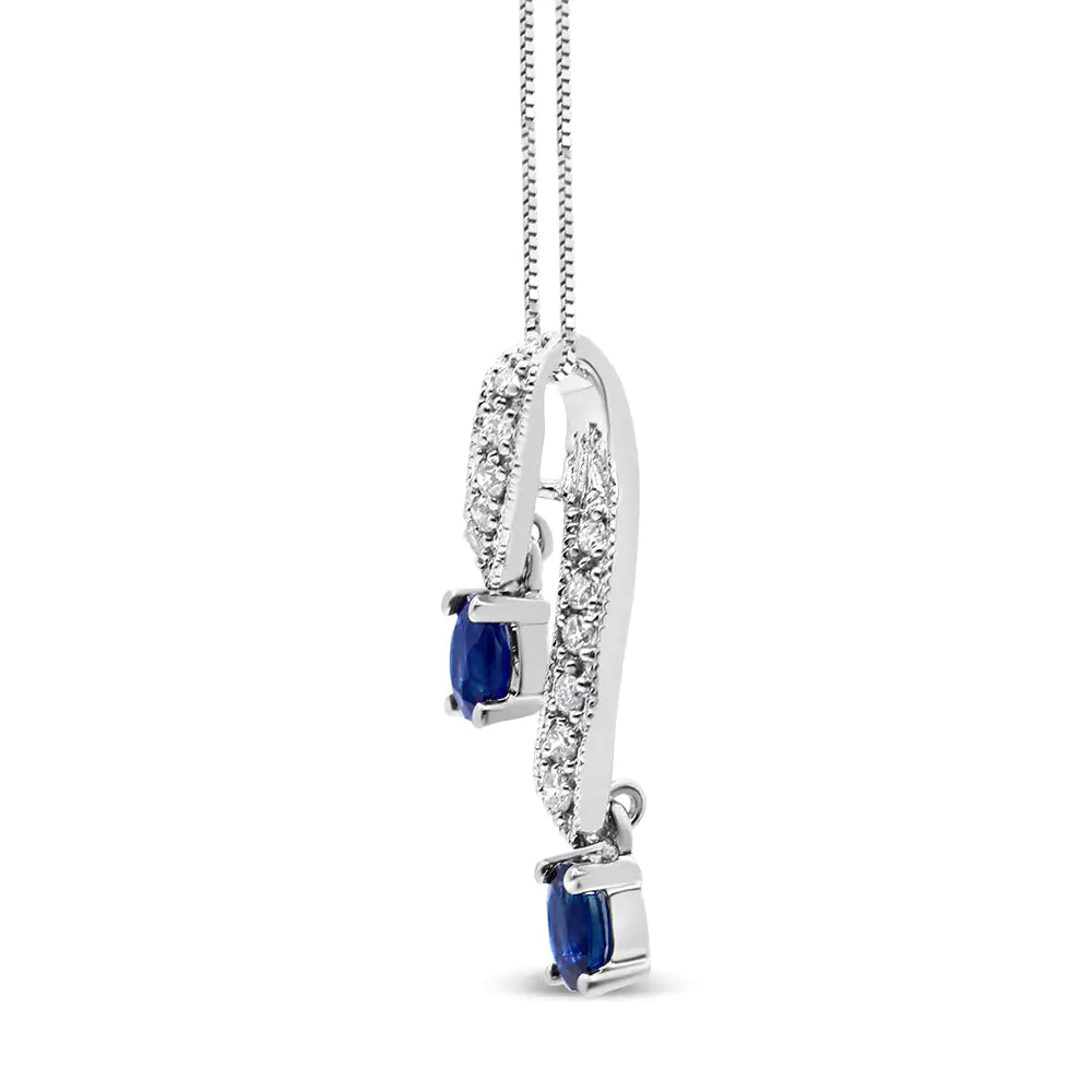 14K White Gold 5x4 MM Oval Shaped Natural Blue Sapphire and Diamond Accent Double Drop Ribbon 18" Pendant Necklace (J-K Color, SI2-I1 Clarity)