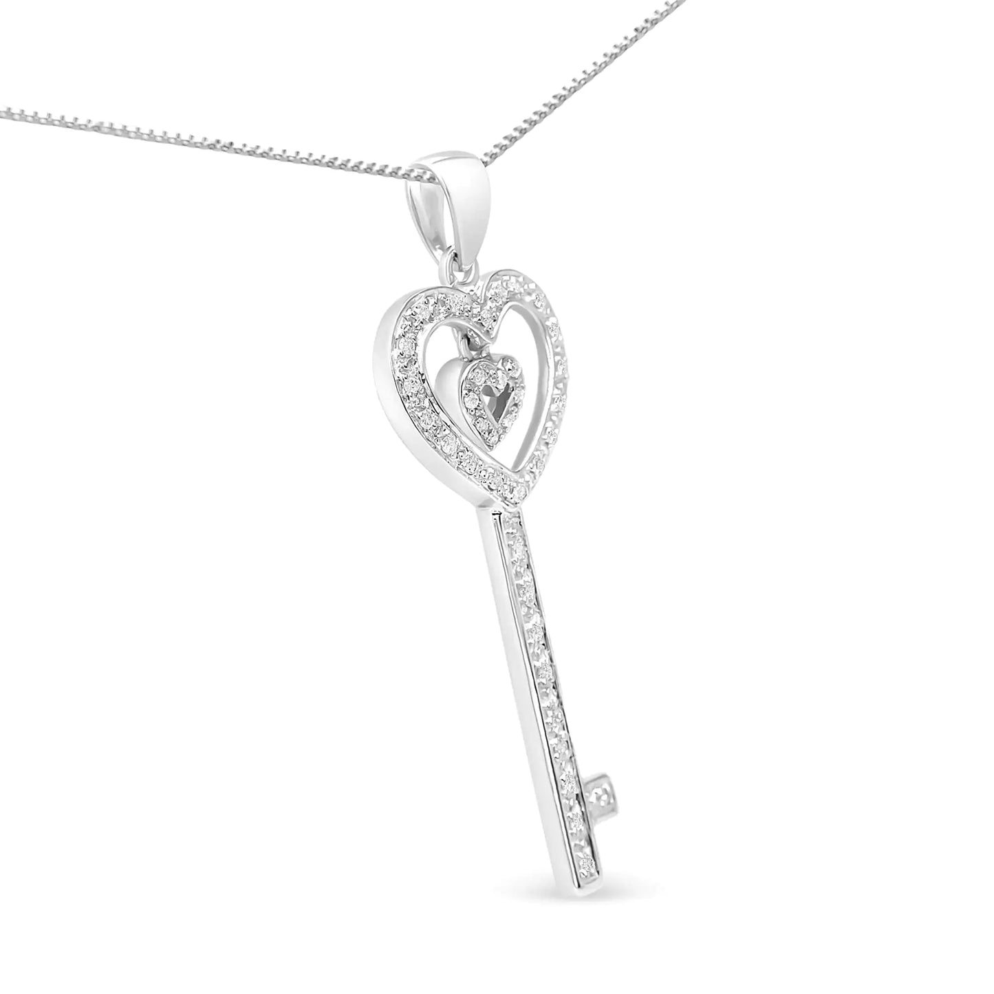 .925 Sterling Silver 1/5 Cttw Round-Cut Diamond Double Heart & Key 18" Pendant Necklace (I-J Color, I3 Clarity)