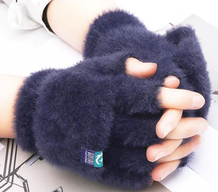 Plush Gloves Female Winter Warm Student Exposed Finger Flip Gloves Household