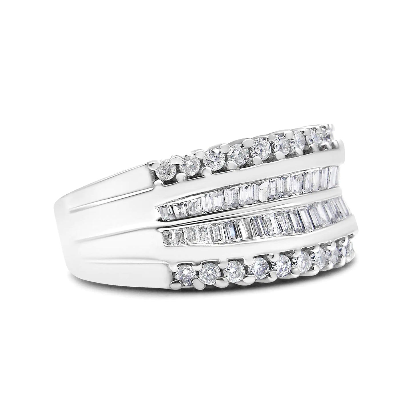 14K White Gold 1.00 Cttw Round and Baguette-Cut Diamond Modern Band Ring (H-I Color, SI2-I1 Clarity)