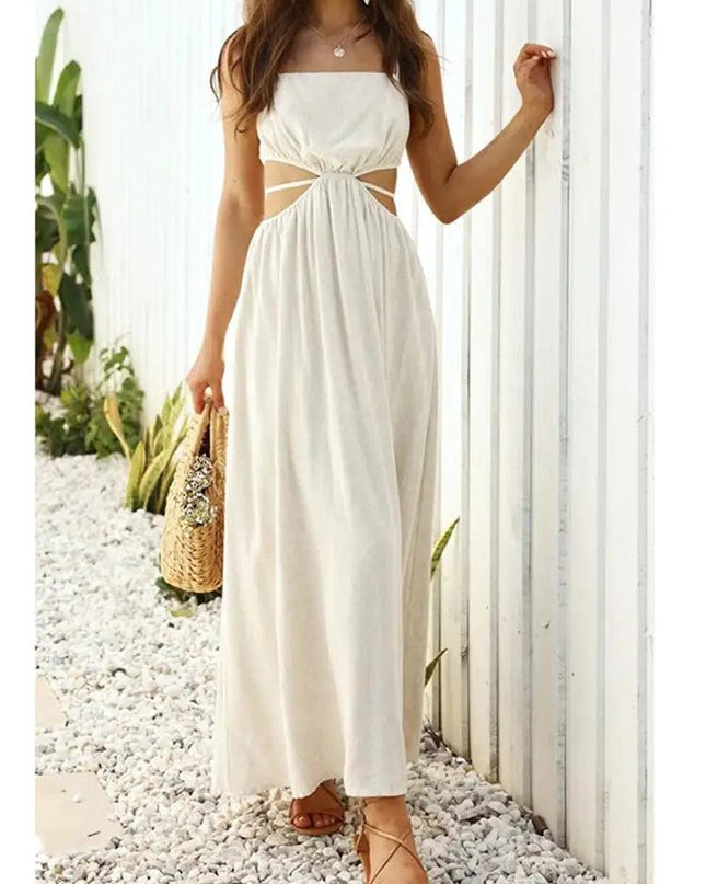 Lace-up Waist Collar Sling Cotton and Linen Dress