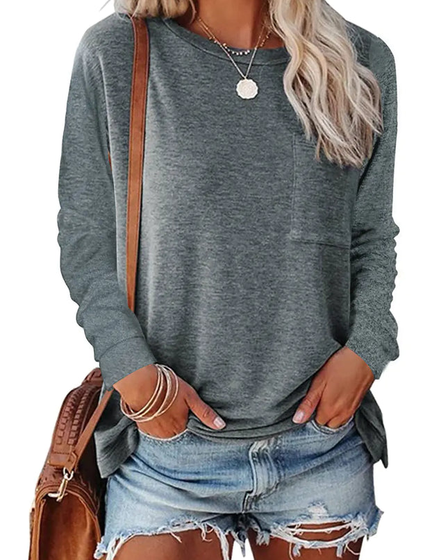 Pocket Split Long-sleeved Casual T-shirt