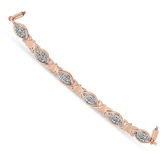 14K Rose Gold Plated .925 Sterling Silver Diamond Accent Alternating Marquise Shape and Heart Links Bolo Bracelet (I-J Color, I3 Clarity) - Adjustable 6" to 9"