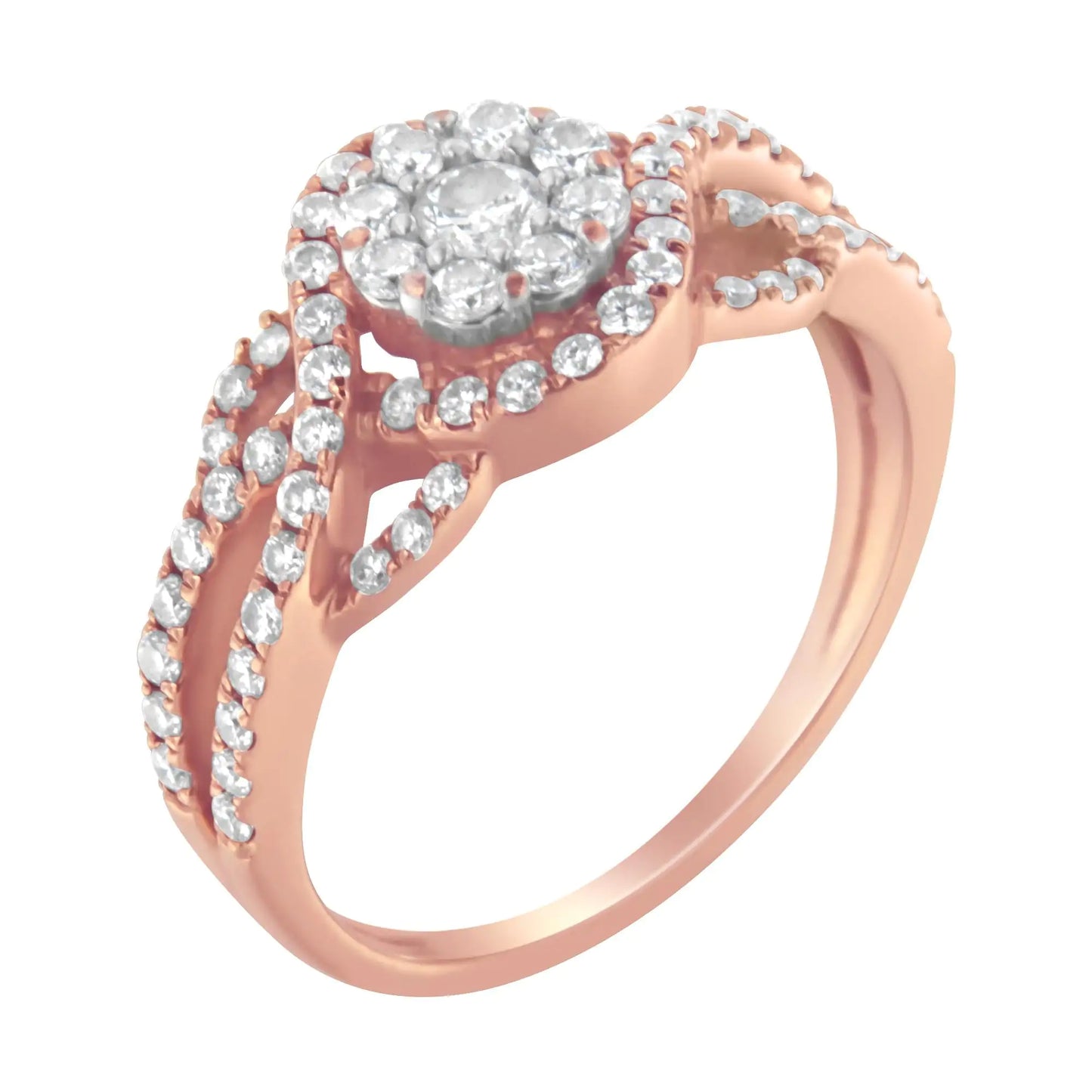 10K Rose Gold 3/4 Cttw Diamond Floral Cluster Head and Twisted Shank Cocktail  Ring (H-I Color, SI1-SI2 Clarity)-