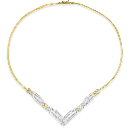 14K Yellow and White Gold 3.00 Cttw Round and Baguette-Cut Diamond "V" Shape Necklace (H-I Color, I1-I2 Clarity)