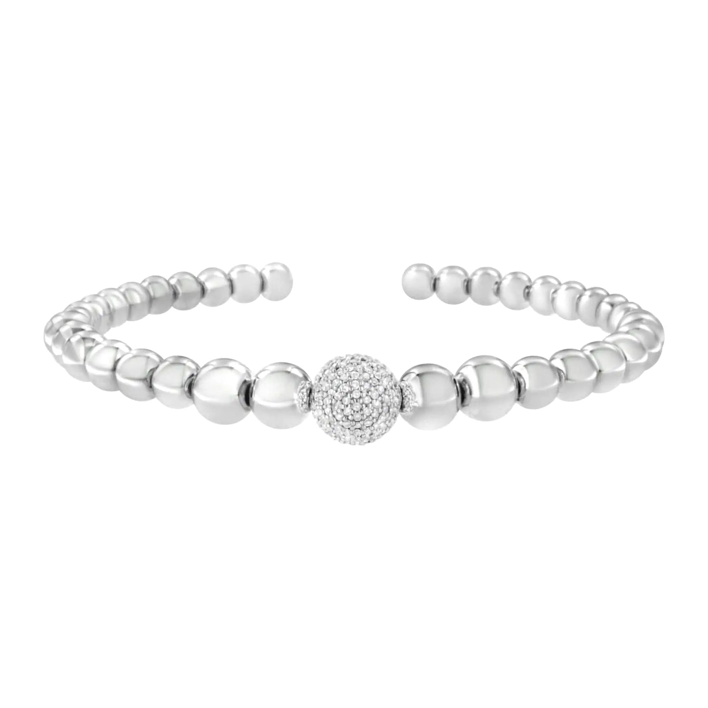 .925 Sterling Silver 1/6 Cttw Diamond Rondelle Graduated Ball Bead Cuff Bangle Bracelet (I-J color, I2-I3 clarity) - Fits wrists up to 7 1/2 inches