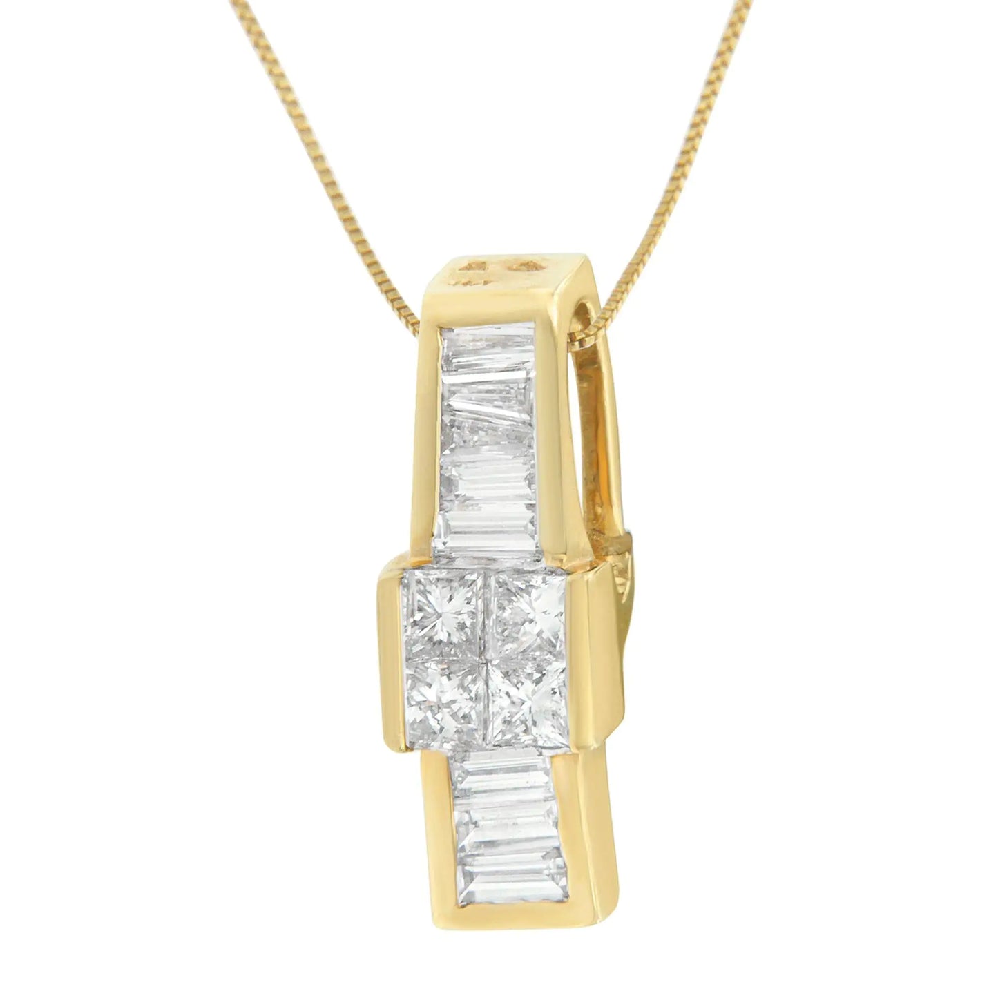 14K Yellow Gold 1 1/10 cttw Baguette and Princess Cut Overlapping Diamond Drop Pendant Necklace (H-I, SI1-SI2)