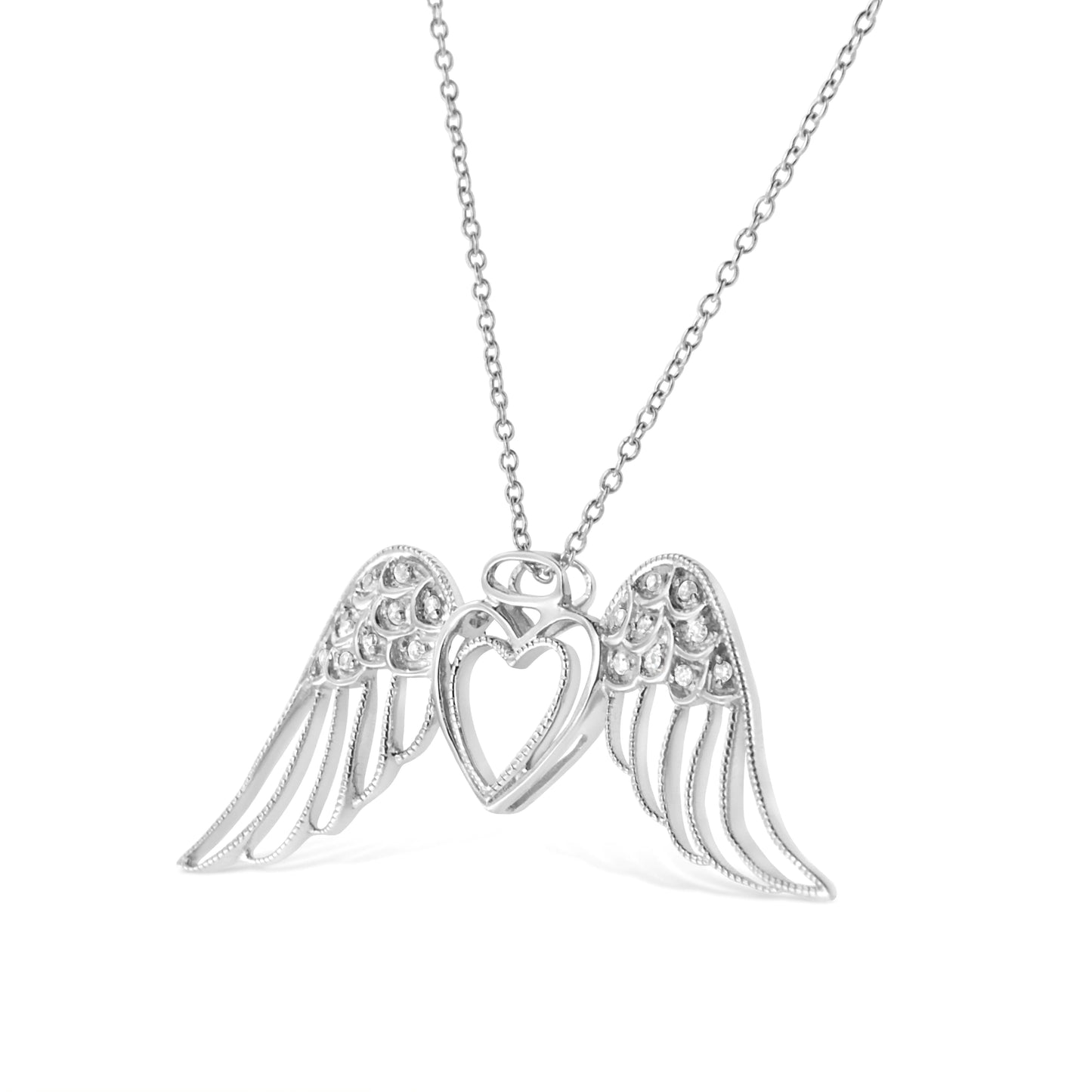 .925 Sterling Silver Pave-Set Diamond Accent Angel Wing 18" Double Heart Pendant Necklace (I-J Color, I1-I2 Clarity)