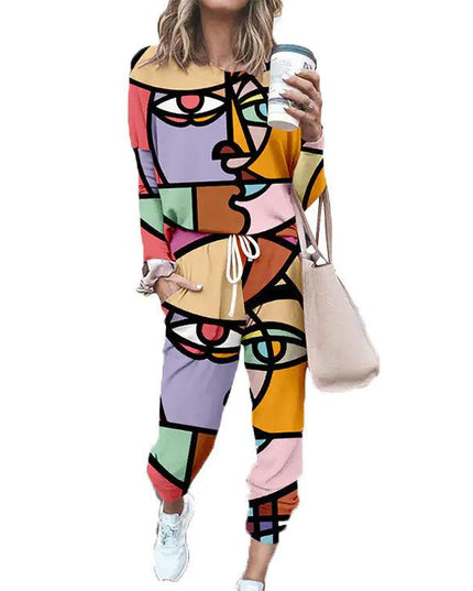 Abstract Blouse Top Elastic Waist Pant Casual Streetwear