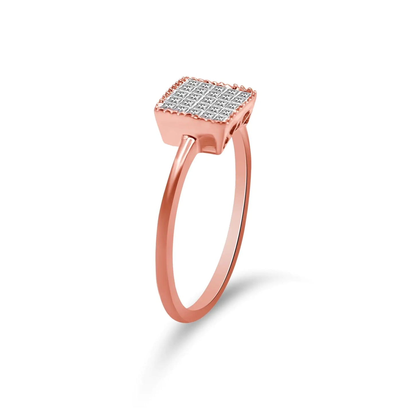 10K Rose Gold 1/3 Cttw Invisible Set Princess Cut Diamond Composite Square Shape Ring for Women (H-I color, I1-I2 clarity)