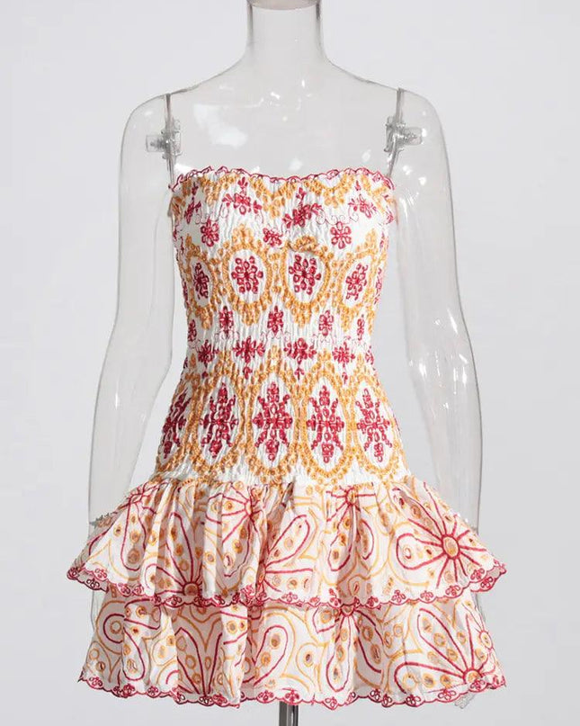 Strapless Embroidery Print Dress