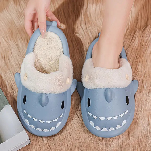 Plush Warm Home Slides Flat Shark Flip Flops